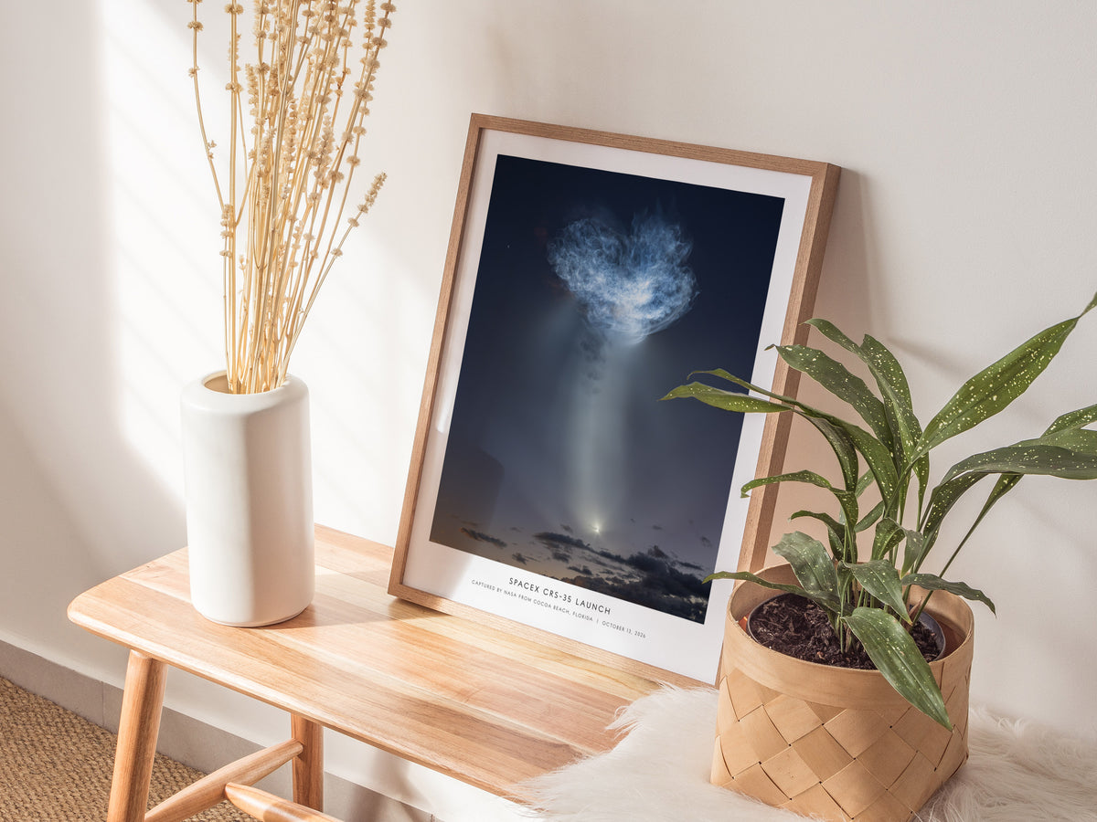 SpaceX CRS-35 Launch Poster | Captured by NASA From Cocoa Beach, Florida Space Photography Wall Art — styled in a modern inte