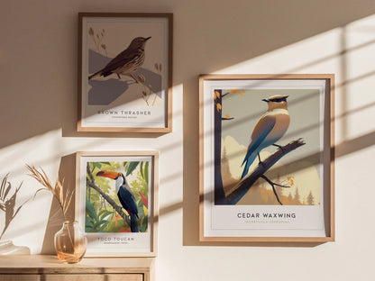 Cedar Waxwing Framed Poster | Nature Bird Lover Modern Wall Art | Audubon Wildlife Print | Woodland Cottage Decor