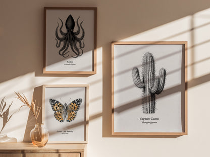 Saguaro Cactus Poster | Vintage Carnegiea gigantea Botanical Illustration Wall Art — styled in a modern interior