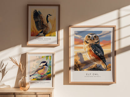 Elf Owl Poster | Desert Night Tiny Owl Wall Art — styled in a modern interior