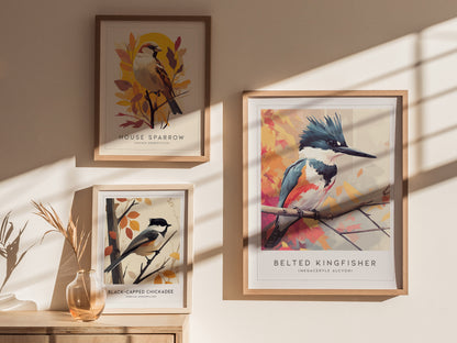 Belted Kingfisher art print in geometric style, showcasing vibrant blues, orange, and pink tones, perfect for nature lovers.