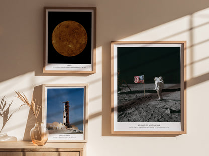 Framed Apollo 11 moon landing print of Buzz Aldrin and flag displayed in modern living room