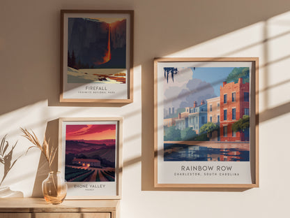Rainbow Row Matte Border Poster | Charleston South Carolina Travel Wall Art — styled in a modern interior