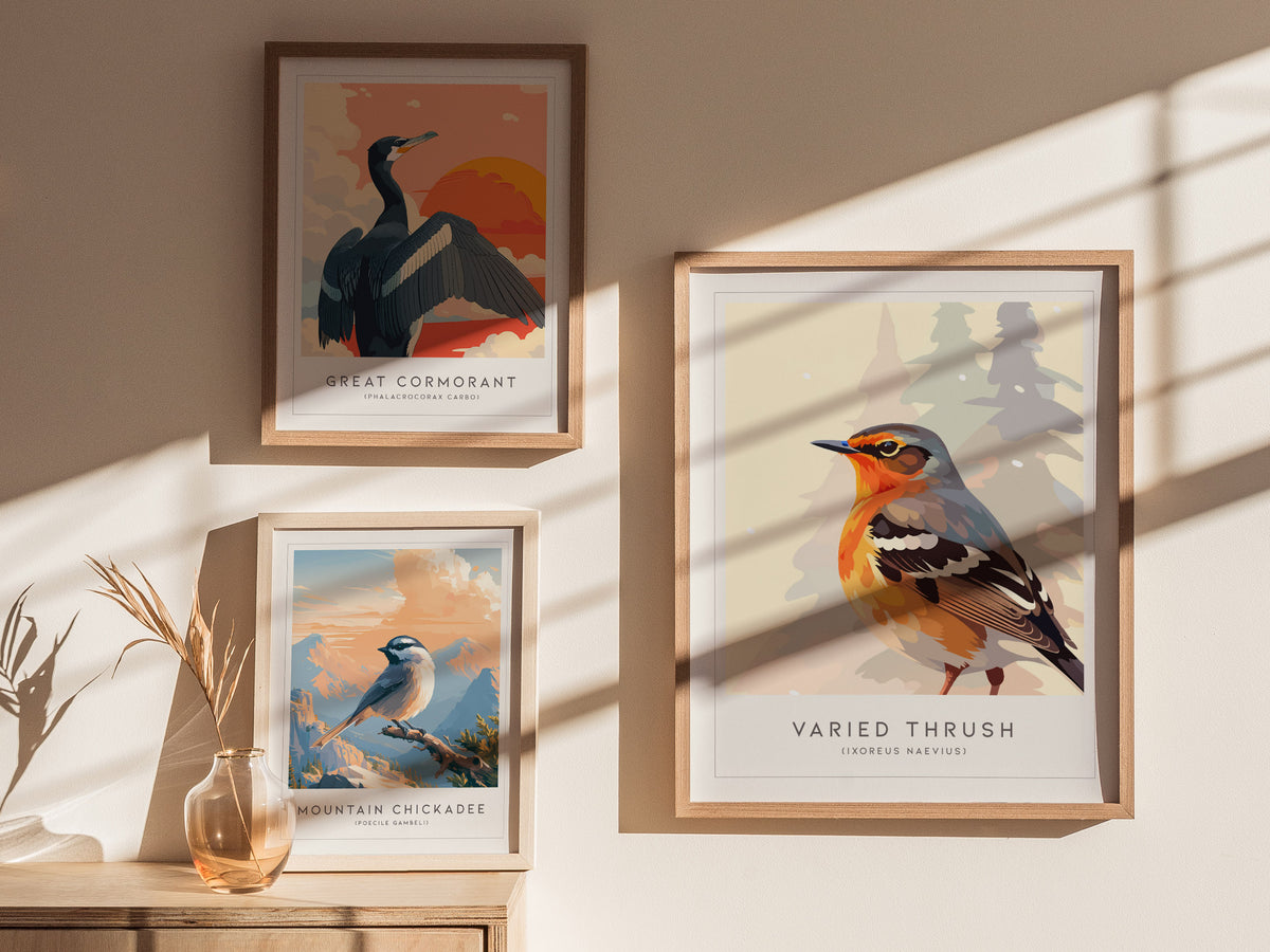 Varied Thrush, Ixoreus naevius Poster | Bold Forest Songbird Nature Poster Wall Art — styled in a modern interior