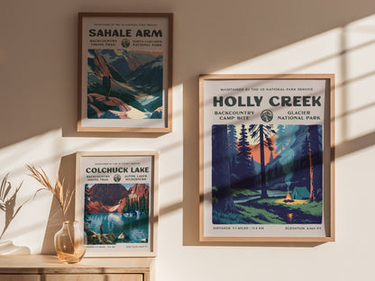 Holly Creek, Glacier National Park Poster | Hiker Gift | Backcountry Trail Wall Art — styled in a modern interior