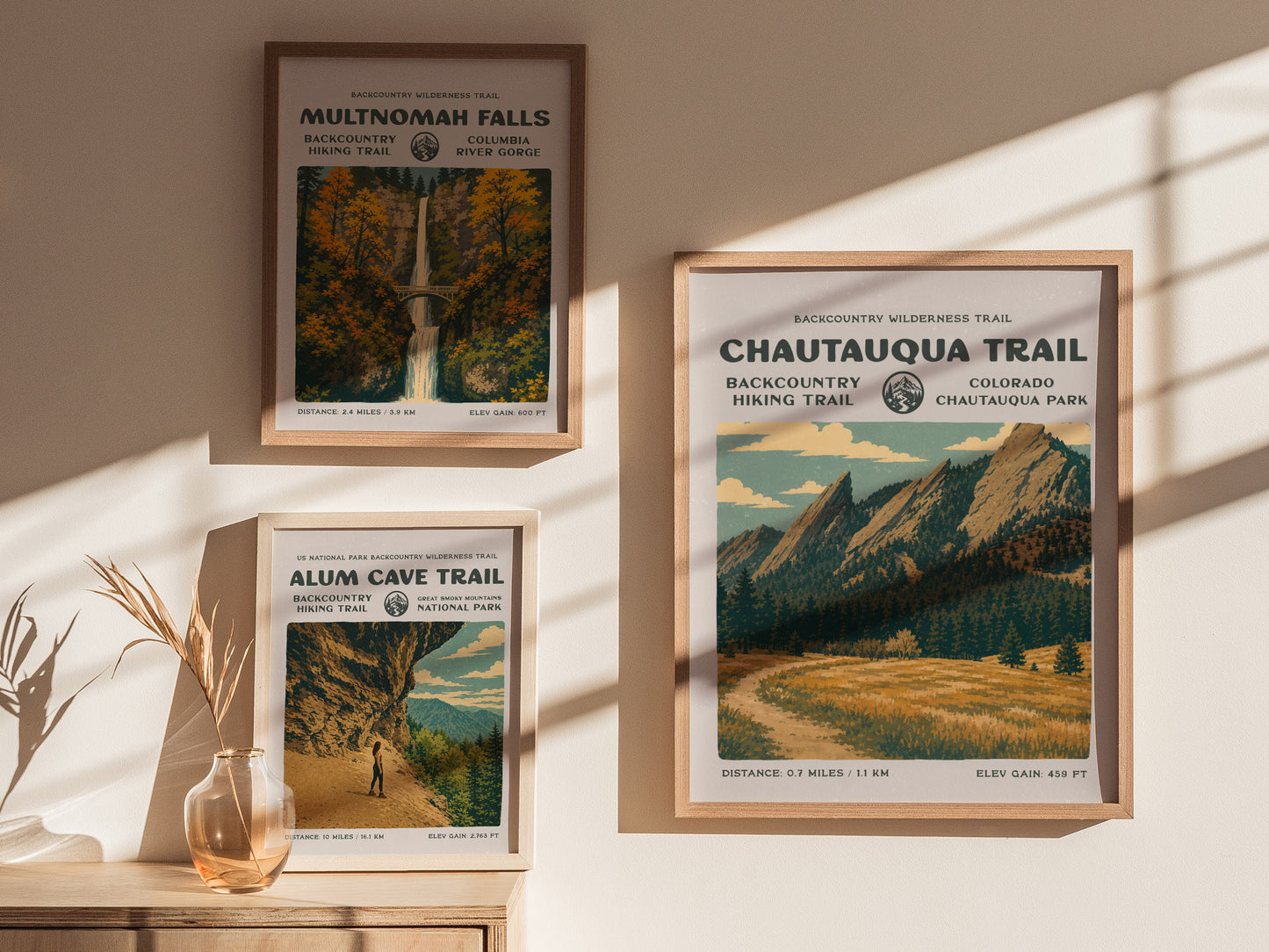 Chautauqua Trail, Boulder Poster | Hiker Gift | Flatirons Backcountry Block Print Wall Art — styled in a modern interior