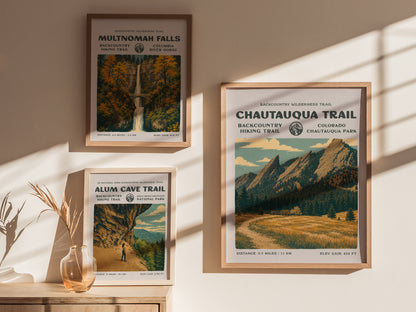 Chautauqua Trail, Boulder Poster | Hiker Gift | Flatirons Backcountry Block Print Wall Art — styled in a modern interior