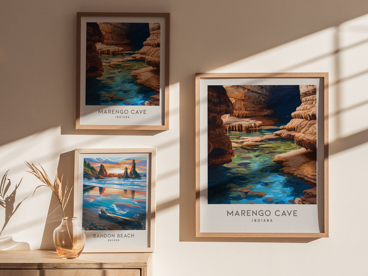 Marengo Cave Matte Border Poster | Indiana Travel Wall Art — styled in a modern interior
