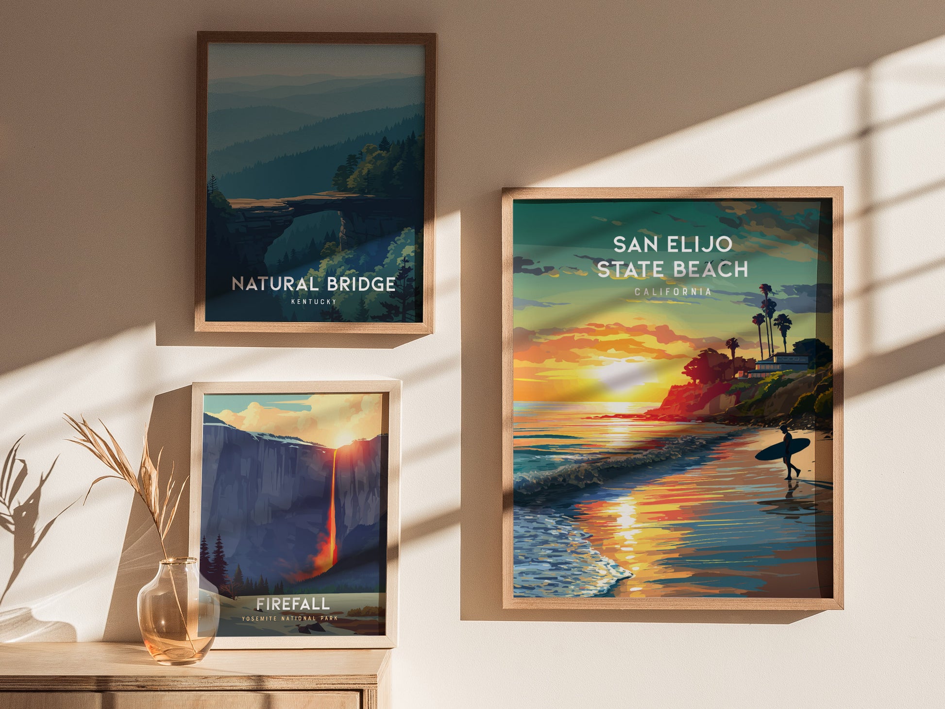 San Elijo State Beach, California Poster | Golden Bluffs & Ocean Breeze Wall Art — styled in a modern interior