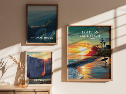 San Elijo State Beach, California Poster | Golden Bluffs & Ocean Breeze Wall Art — styled in a modern interior