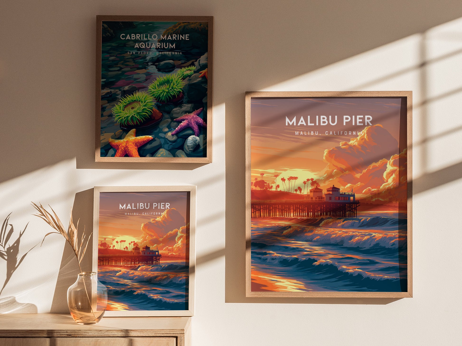 Malibu Pier, California Poster | Golden Coast Sunset Vibes Wall Art — styled in a modern interior