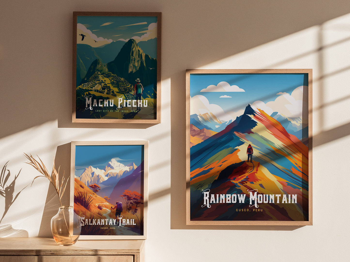 Vibrant Rainbow Mountain art print featuring bold colors and an adventurer at the peak, perfect for travel art enthusiasts.