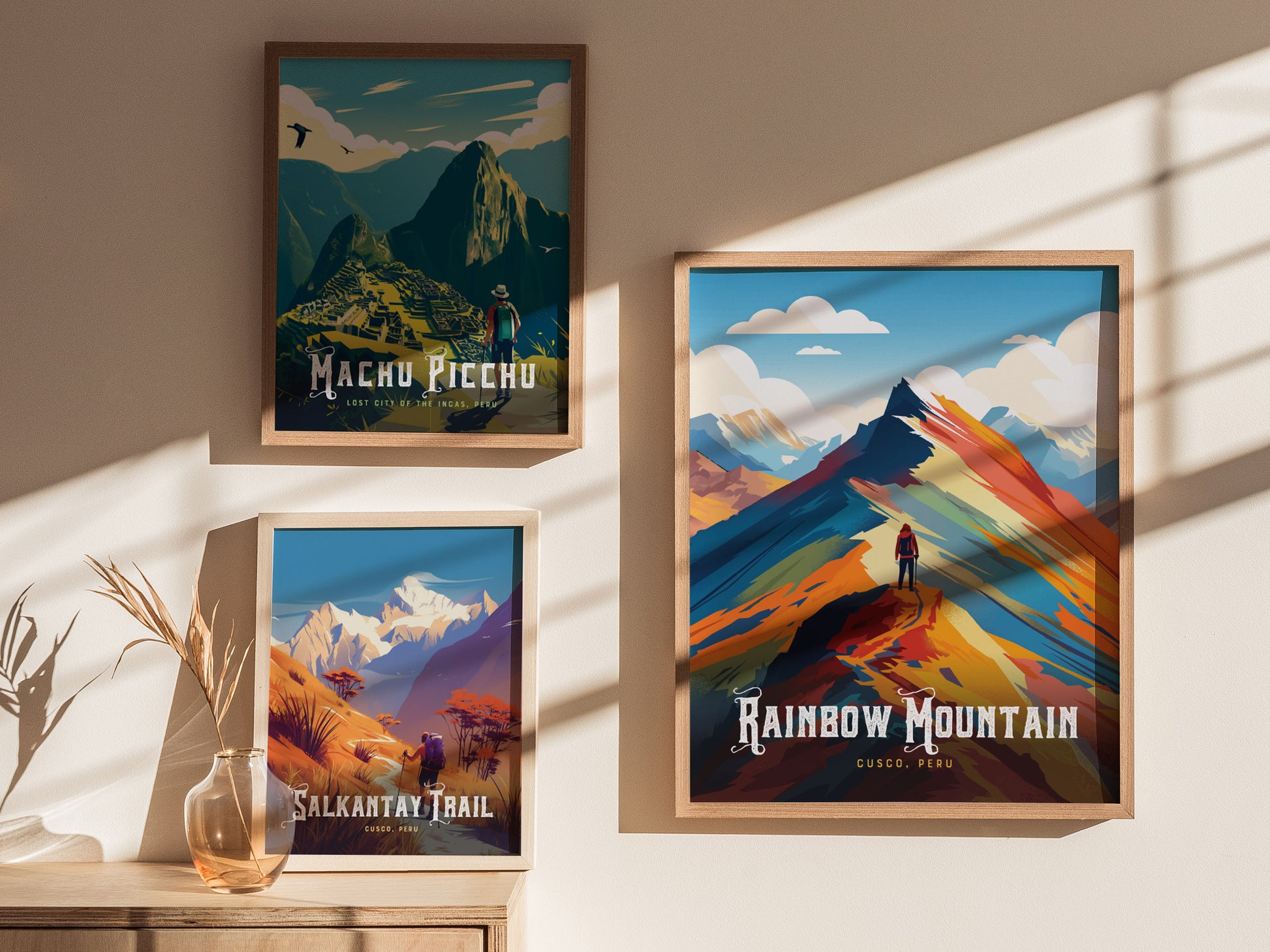 Vibrant Rainbow Mountain art print featuring bold colors and an adventurer at the peak, perfect for travel art enthusiasts.