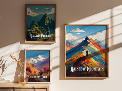 Vibrant Rainbow Mountain art print featuring bold colors and an adventurer at the peak, perfect for travel art enthusiasts.