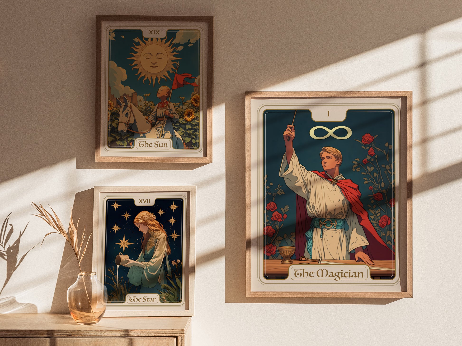 Three framed tarot card posters on a sunlit wall, featuring The Magician, The Sun, and The Star, with a decorative vase on the wooden table below.