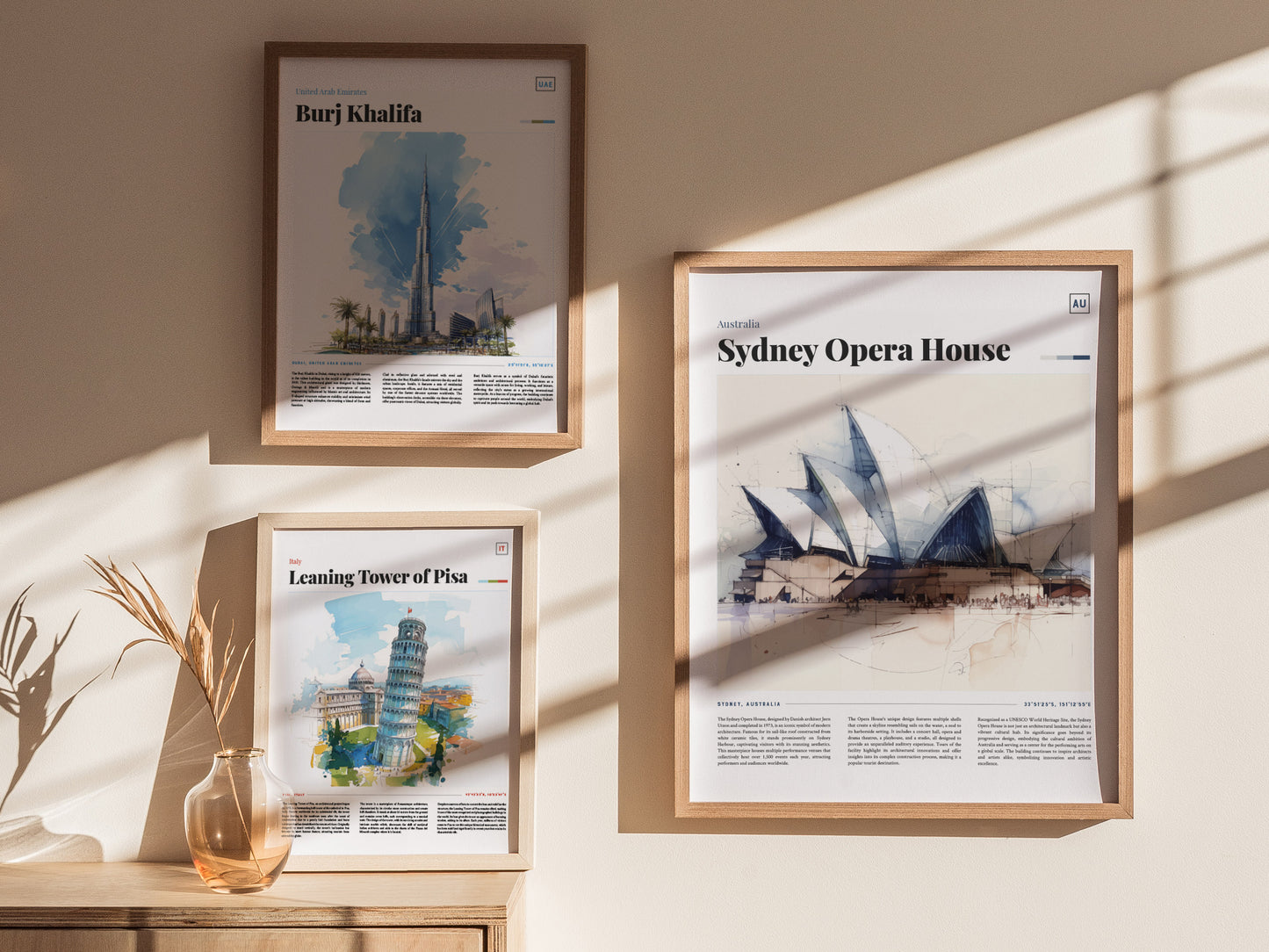 Framed posters of the Sydney Opera House, Burj Khalifa, and Leaning Tower of Pisa hang on a sunlit wall above a wooden surface with a vase.
