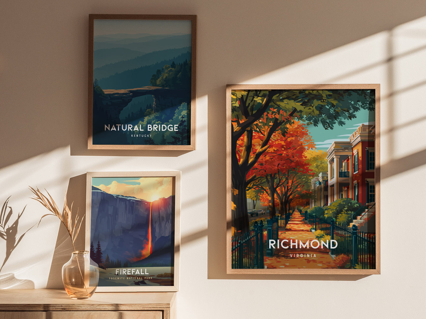 Richmond, Virginia Poster | Historic River City Skyline Travel Wall Art — styled in a modern interior