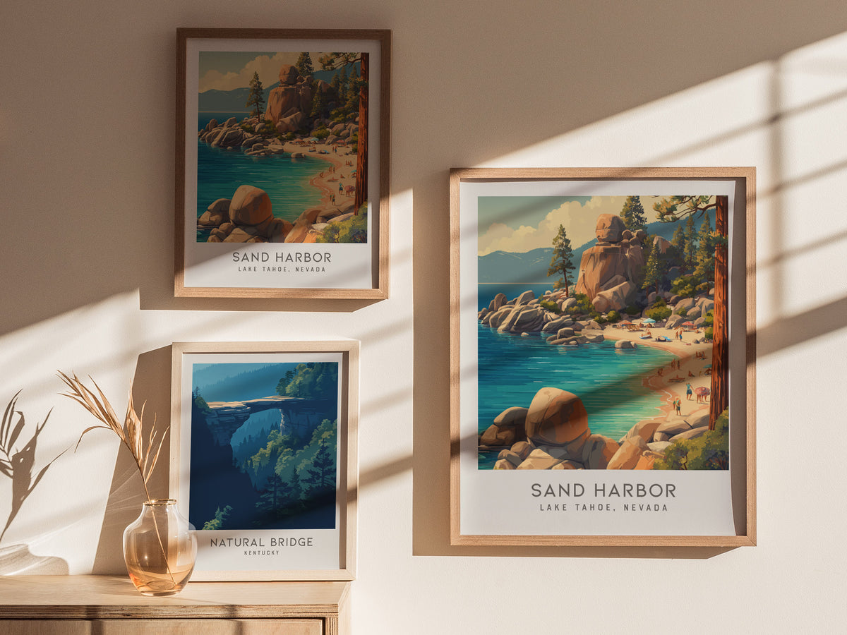 Sand Harbor Matte Border Poster | Lake Tahoe, Nevada Coastal Beach Decor — styled in a modern interior