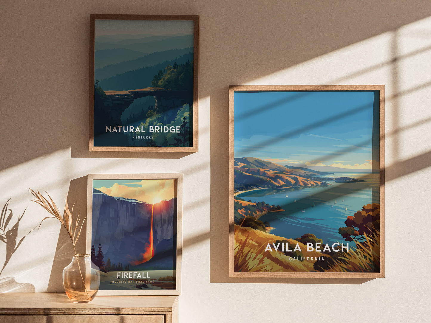 Avila Beach, California Poster | Golden Shore & Pier Coastal Wall Art — styled in a modern interior