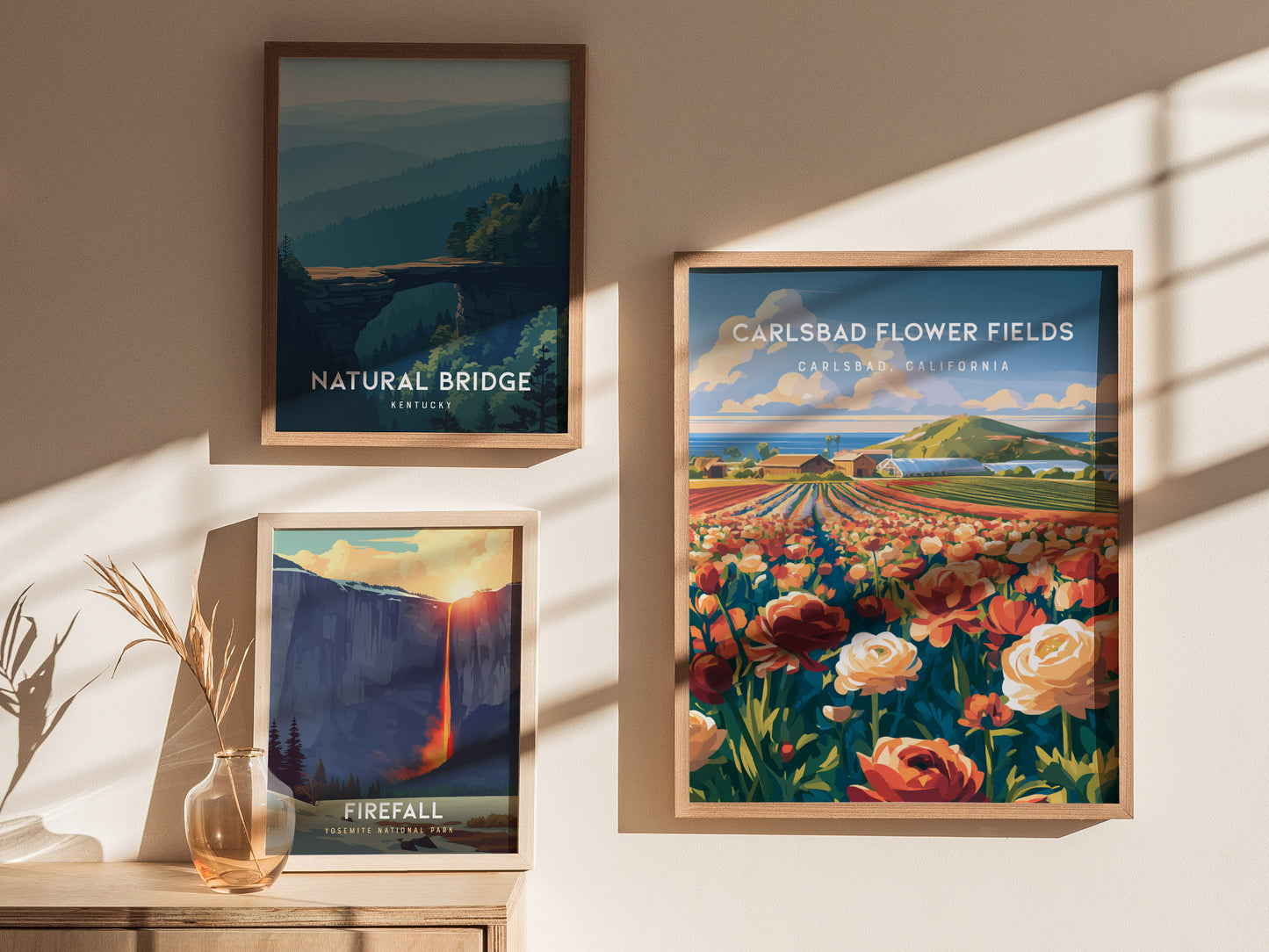 Carlsbad Flower Fields, California Poster | Vibrant Blooms & Coastal Views Wall Art — styled in a modern interior