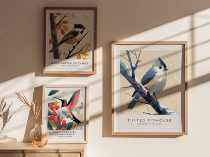 Three framed bird art prints are displayed on a wall. The center features a Tufted Titmouse perched on a branch, while the others show a Black-Capped Chickadee and a Ruby-Throated Hummingbird. Sunlight casts gentle shadows across the scene.