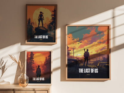 Three framed posters from The Last of Us are displayed on a wall. Each features a character silhouette against dramatic landscapes, with sunlight casting shadows around them.