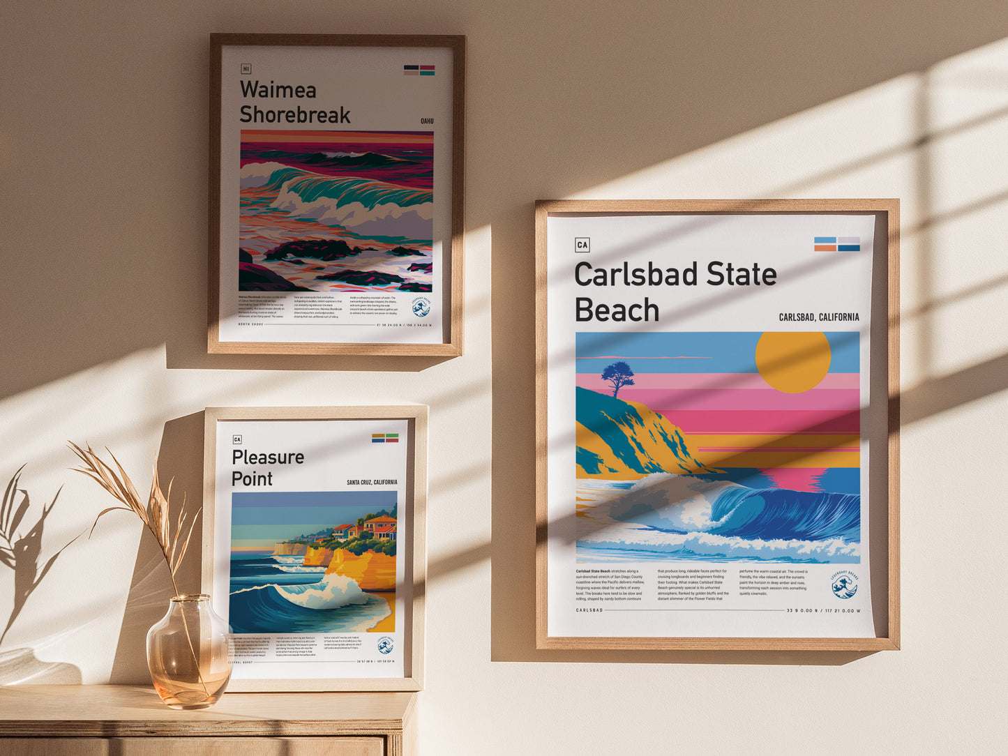 Carlsbad State Beach, California Poster | Golden Cliffs & Surf Coastline Wall Art — styled in a modern interior