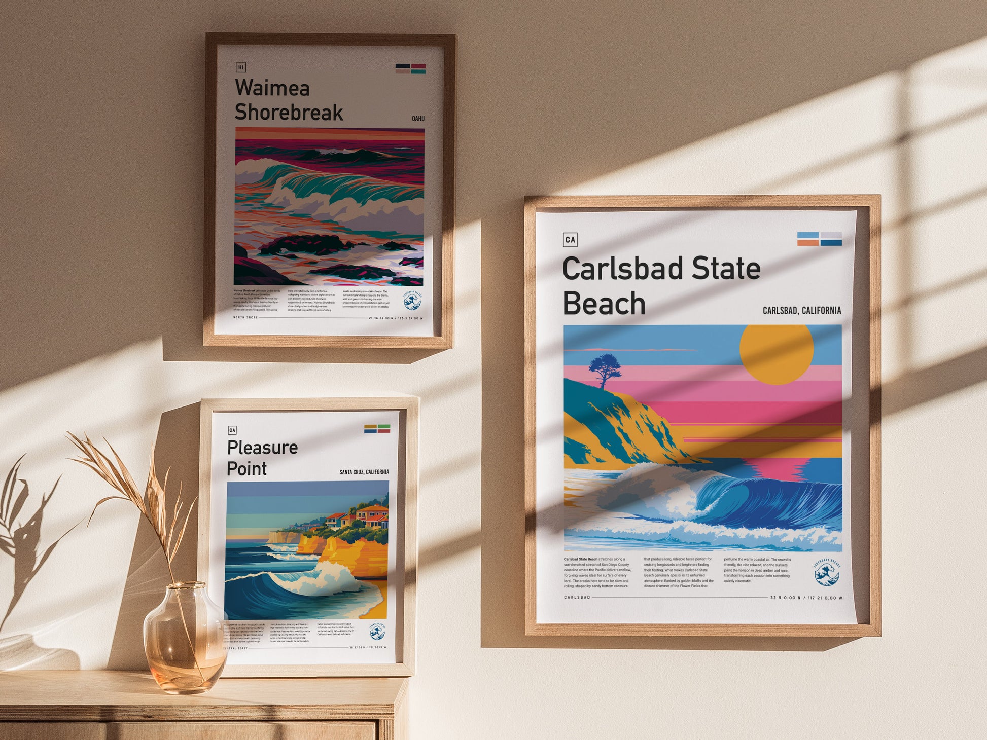 Carlsbad State Beach, California Poster | Golden Cliffs & Surf Coastline Wall Art — styled in a modern interior