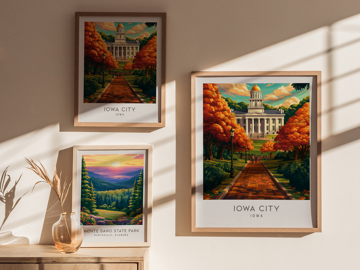 Iowa City Matte Border Poster | Iowa Destination Print Travel Wall Art — styled in a modern interior