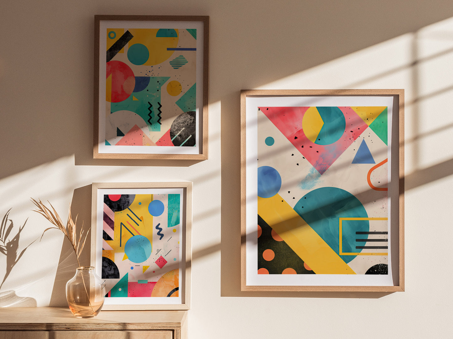 Three framed abstract art prints featuring bold geometric shapes and vibrant colors hang on a sunlit wall, with a small vase and dried plant on a wooden surface below.