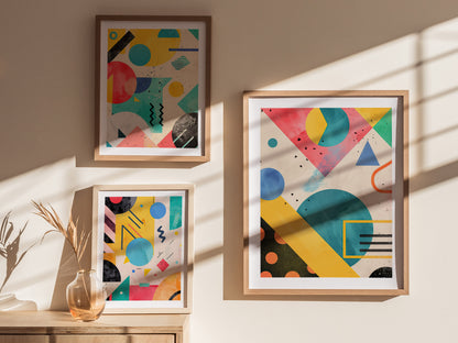 Three framed abstract art prints featuring bold geometric shapes and vibrant colors hang on a sunlit wall, with a small vase and dried plant on a wooden surface below.