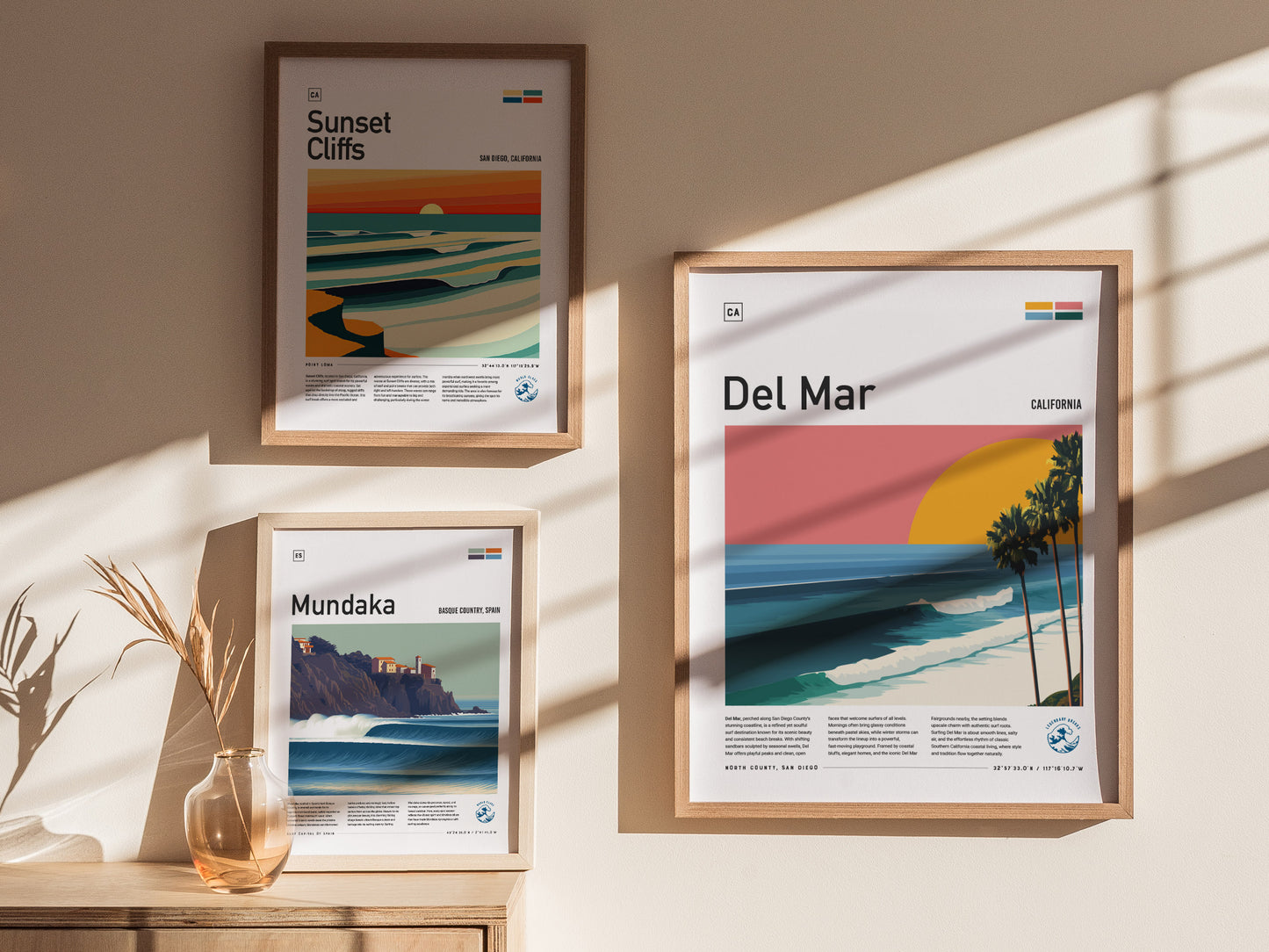 Del Mar Beach poster featuring vibrant coral pink sky, warm yellow sun, teal ocean waves, and dark green palm trees, perfect surf art decor.