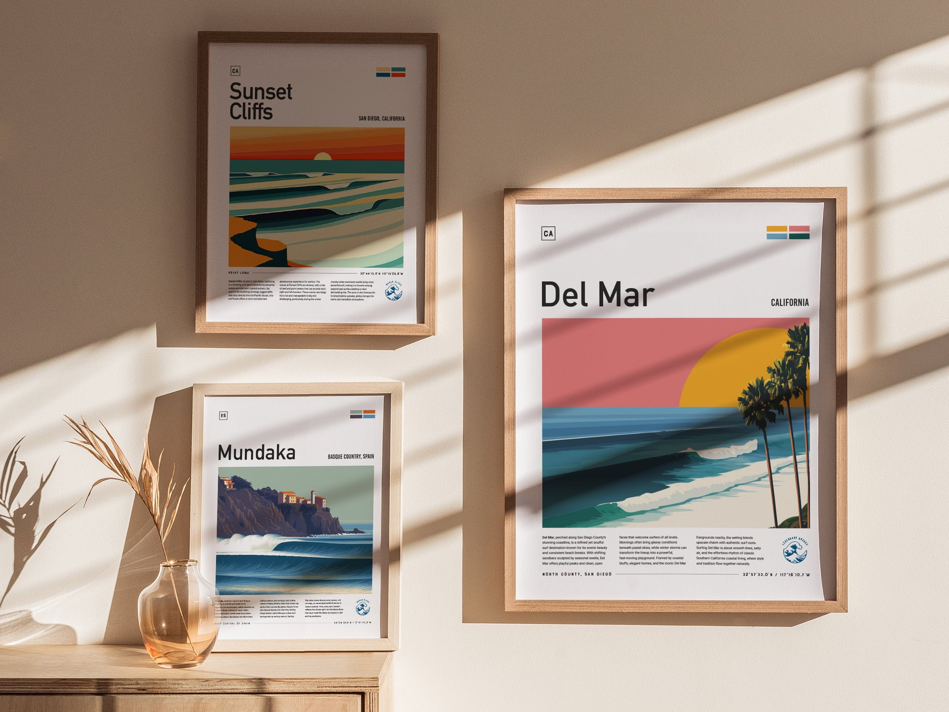 Del Mar Beach poster featuring vibrant coral pink sky, warm yellow sun, teal ocean waves, and dark green palm trees, perfect surf art decor.