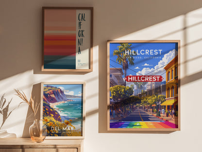 Framed posters on a wall feature vibrant illustrations of Hillcrest, Del Mar, and a California-themed design. Sunlight casts shadows on the wall and a table with a vase.