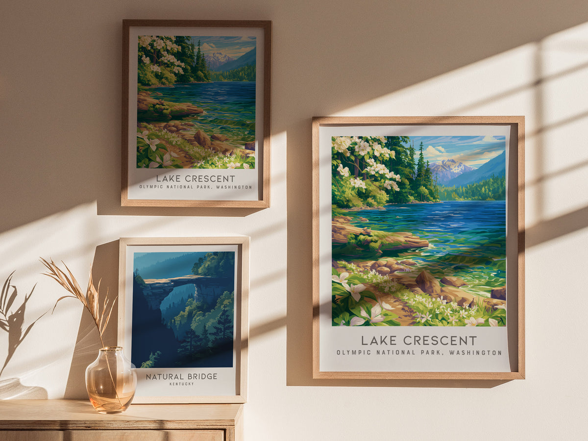 Lake Crescent Matte Border Poster | Olympic National Park, Washington Destination Print — styled in a modern interior