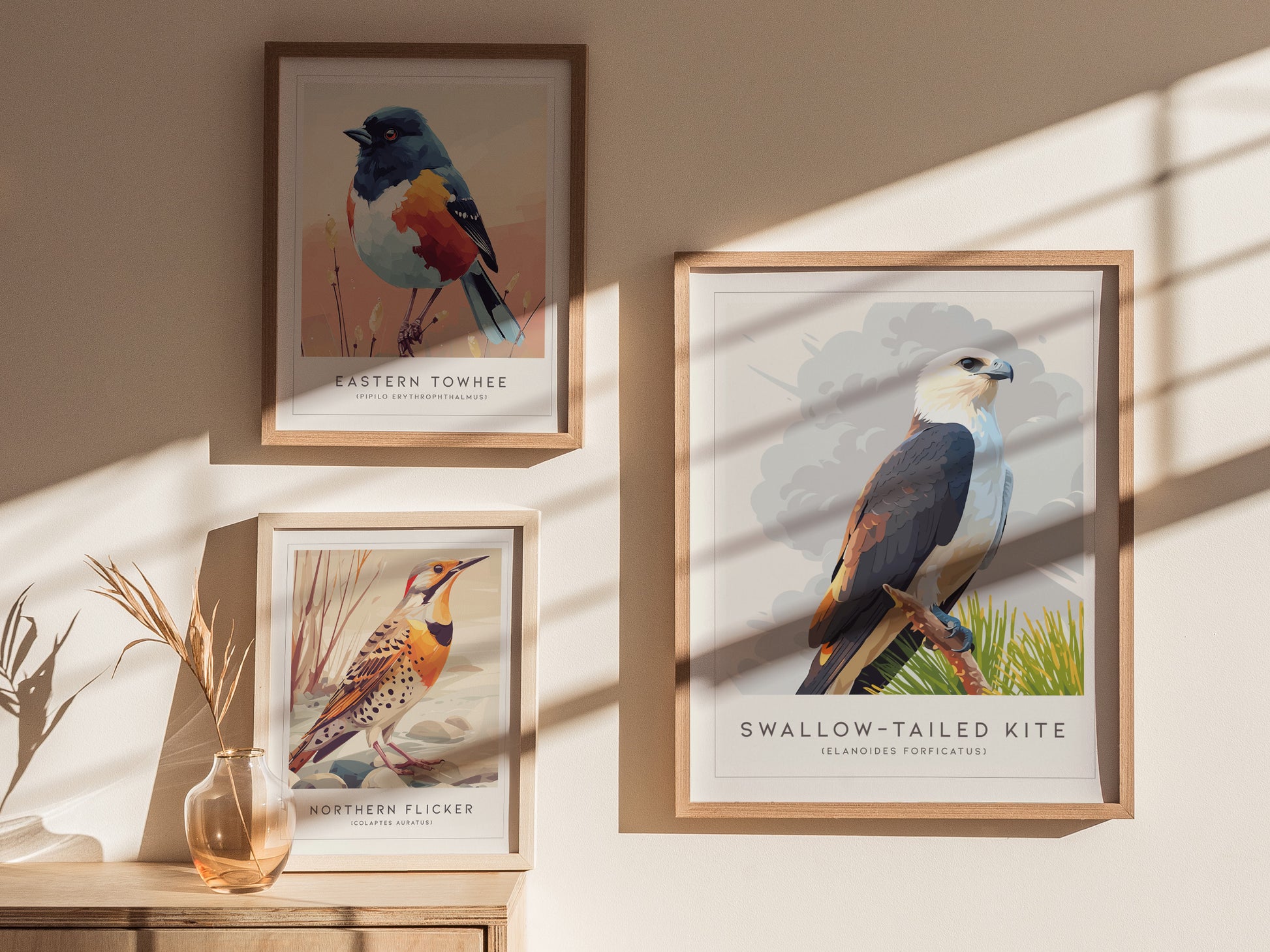 A bright and airy room features three framed bird illustrations on a wall. The center artwork showcases a swallow-tailed kite perched on a branch, while the surrounding frames display an eastern towhee and a northern flicker, all.