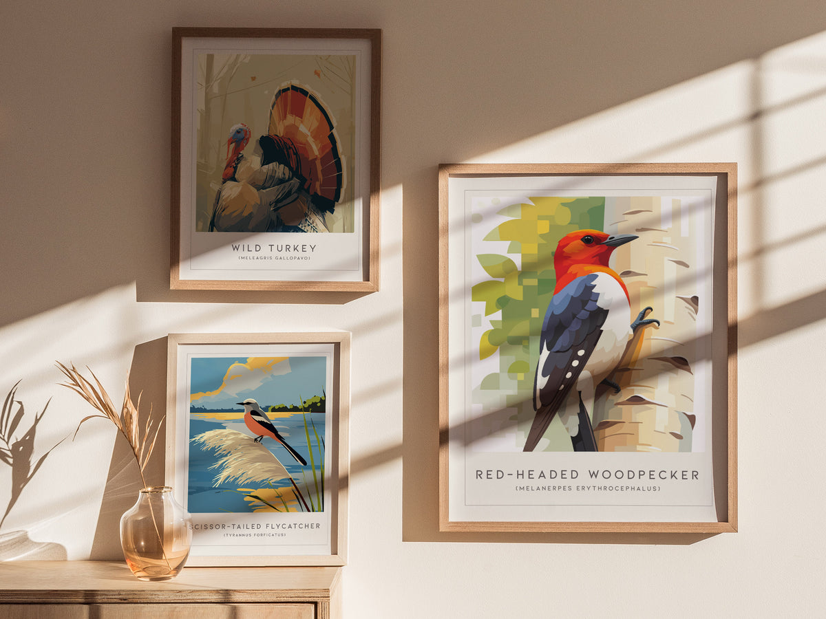 Red-headed Woodpecker, Melanerpes erythrocephalus Poster | Bold Bird Wall Art Nature Print — styled in a modern interior