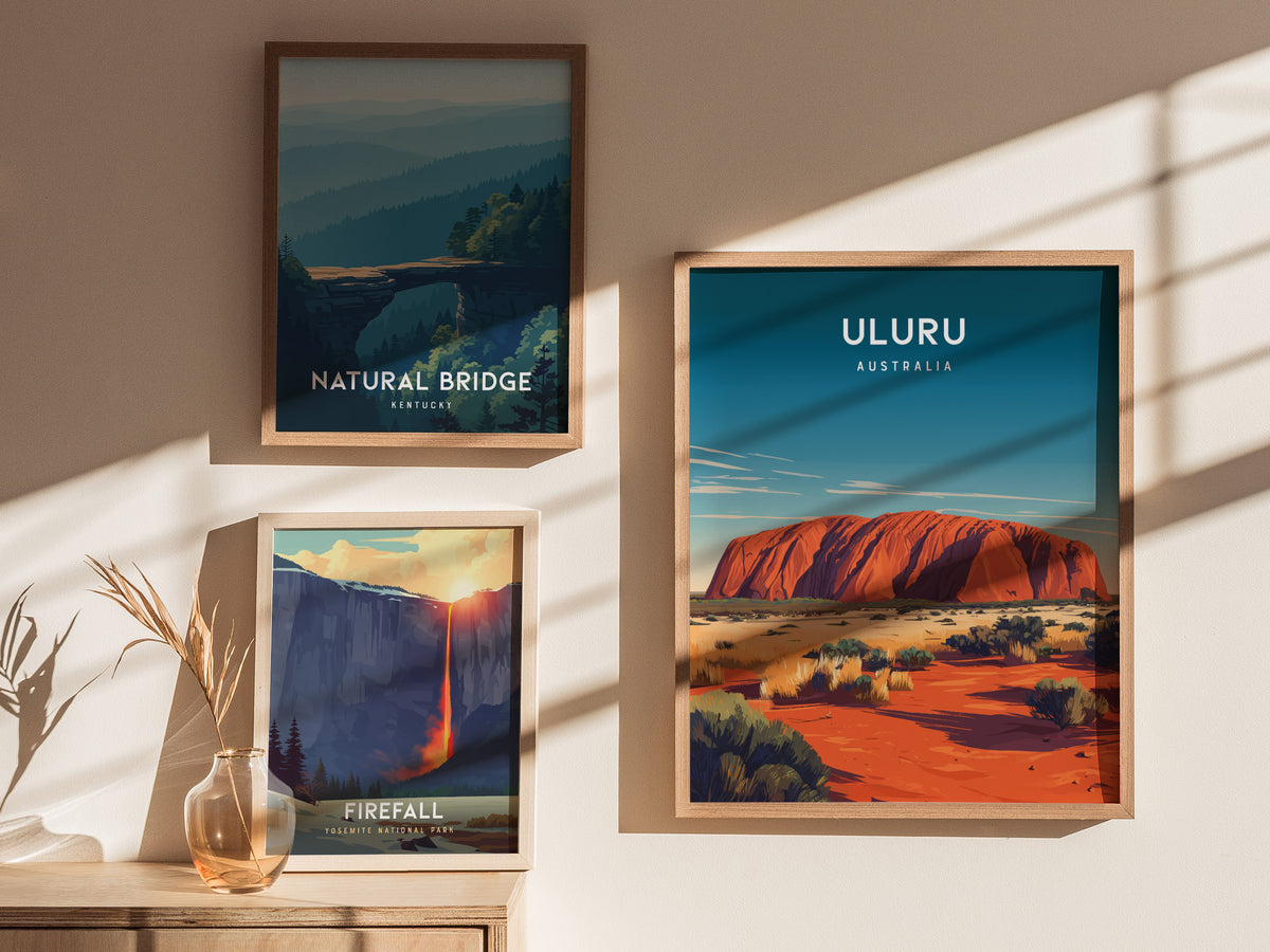 Uluru, Australia Poster | Sacred Red Rock Desert Destination Print Wall Art — styled in a modern interior