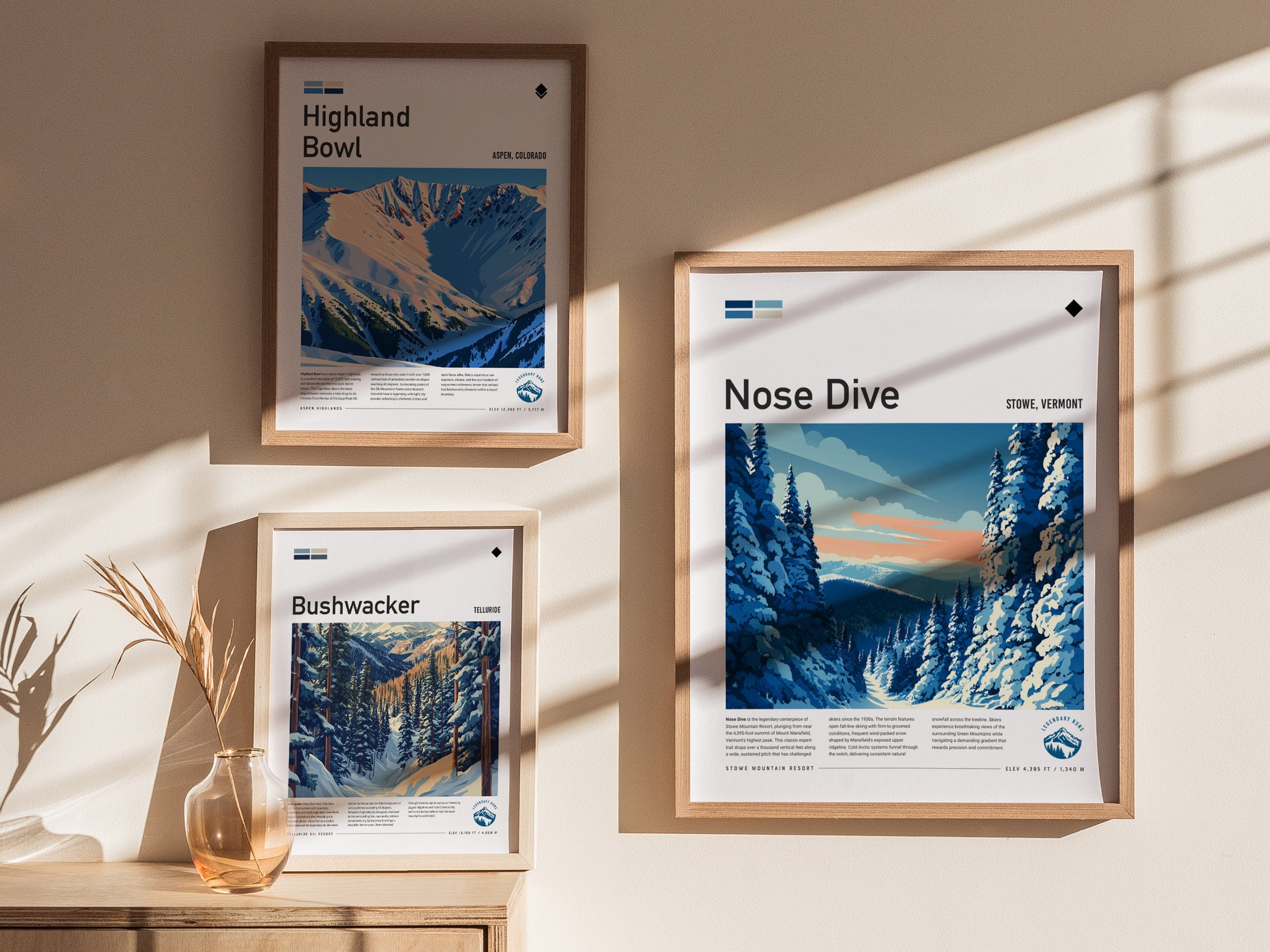Nose Dive, Stowe, Vermont Poster | Bold Ski Run Mountain Wall Art — styled in a modern interior