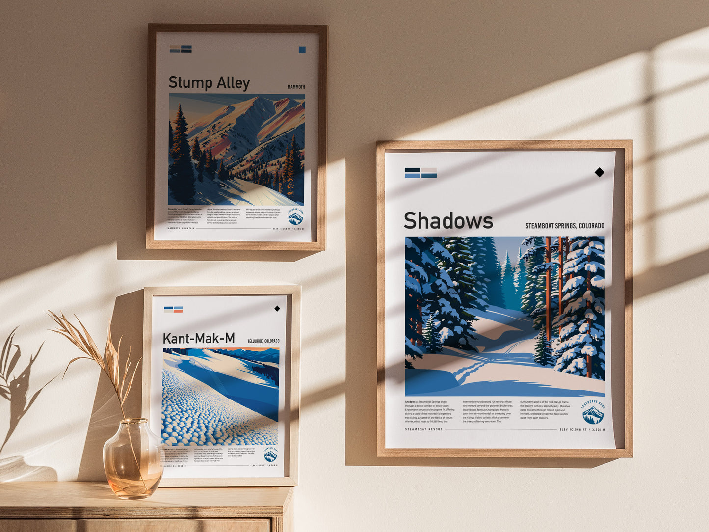 Shadows, Steamboat Poster | Snowy Ski Run Mountain Wall Art — styled in a modern interior