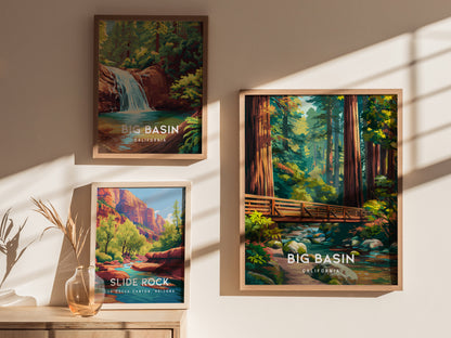 Big Basin Redwoods, California Poster | Towering Redwood Forest Vacation Wall Art — styled in a modern interior