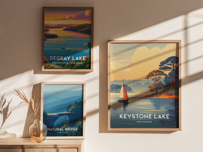 Keystone Lake, Oklahoma Poster | Lakeside Vacation Wall Art — styled in a modern interior