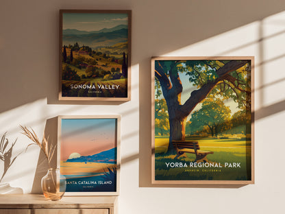 Three framed posters hang on a sunlit wall, featuring Sonoma Valley, Santa Catalina Island, and Yorba Regional Park, each with vibrant landscapes and distinct natural elements.