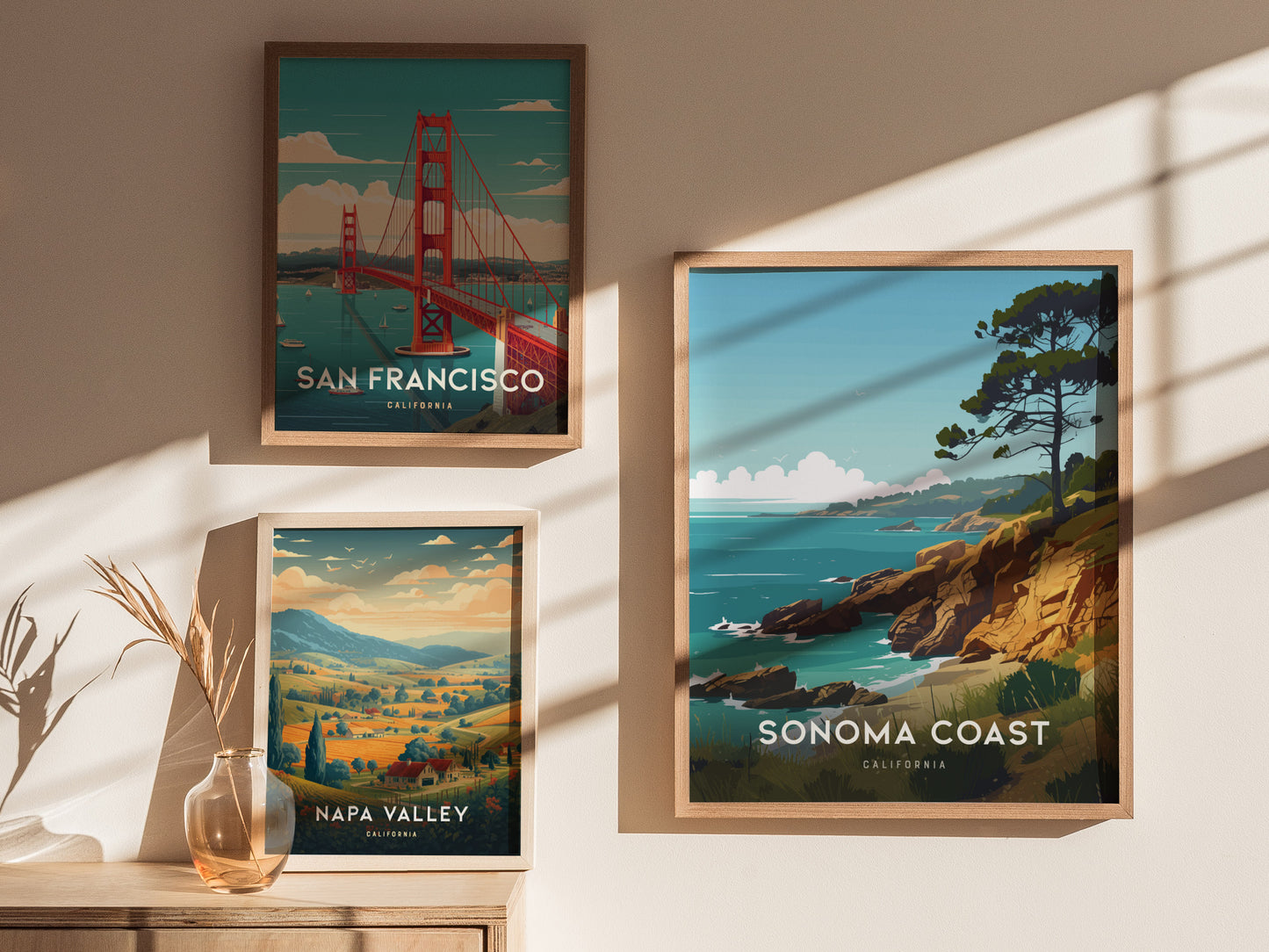 Three framed posters on a wall depict scenic views of San Francisco, Napa Valley, and Sonoma Coast. Sunlight casts shadows, enhancing the warm tones of the displayed artwork.