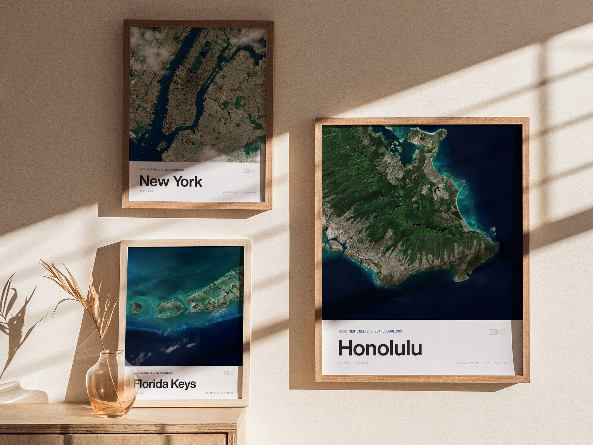 Aerial view of Honolulu, Hawaii, showcasing lush greens, blue ocean, and urban areas in a modern framed travel art poster.