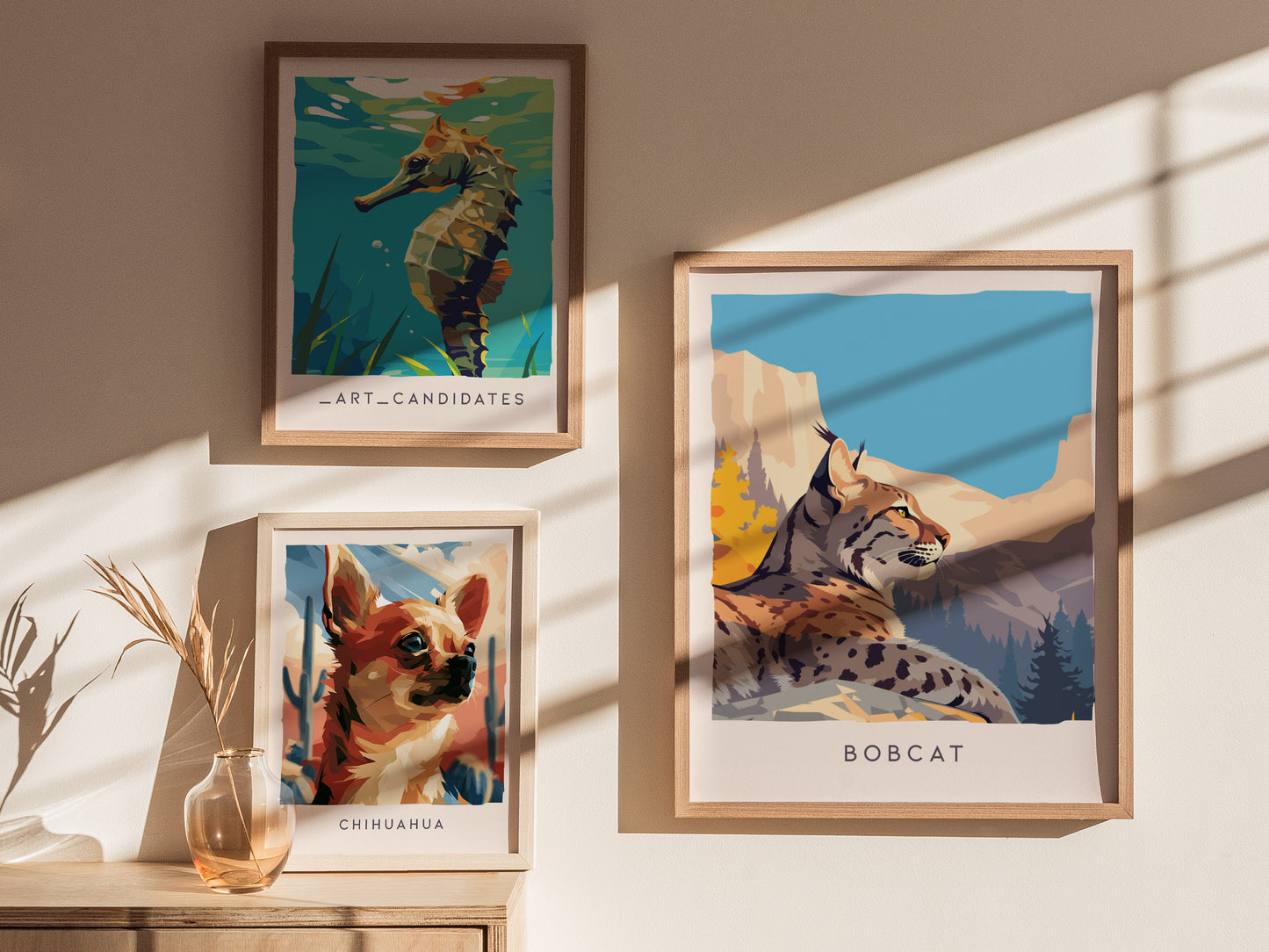 Bobcat Wildlife Poster | Fierce & Beautiful Wildcat Wall Art — styled in a modern interior