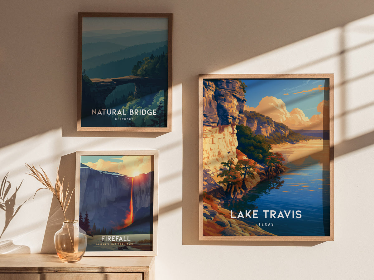 Lake Travis, Texas Poster | Hill Country Lake Sunset Wall Art — styled in a modern interior