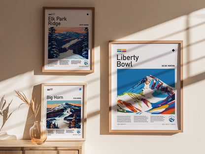 Three framed posters are hung on a wall, depicting colorful mountain scenes labeled Elk Park Ridge, Liberty Bowl, and Big Horn. Sunlight casts shadows across the posters.