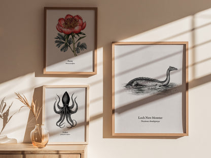 Loch Ness Monster Poster | Vintage Nessiteras rhombopteryx Zoological Illustration Wall Art — styled in a modern interior