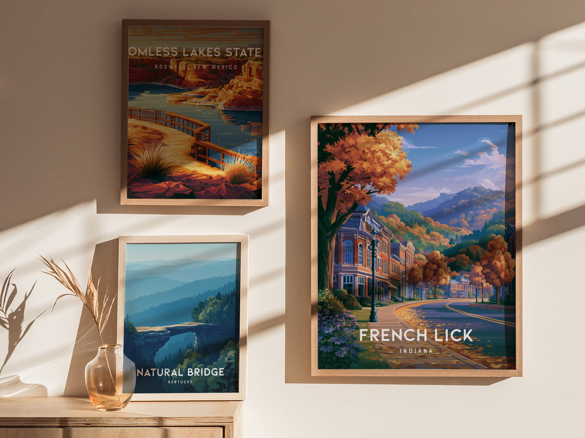 French Lick, Indiana Poster | Historic Springs Resort Town Wall Art — styled in a modern interior